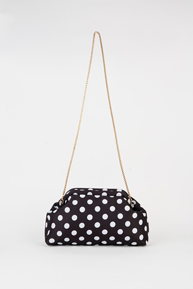 Women's Nehir Black-White Polka Dot Lined Handbag and Shoulder Bag with Removable Chain Strap
