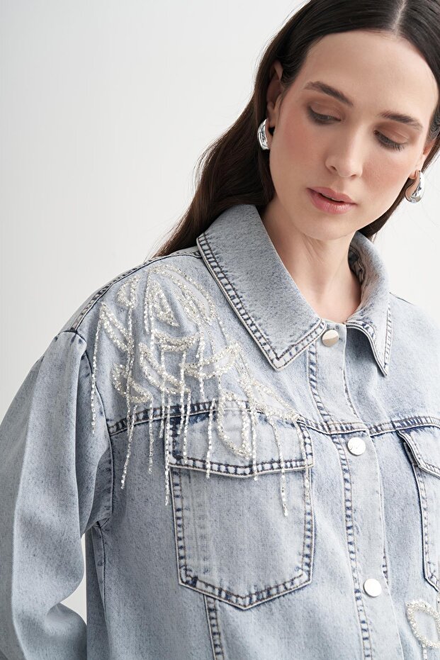 Premium Beaded Tasseled Denim Jacket - 3