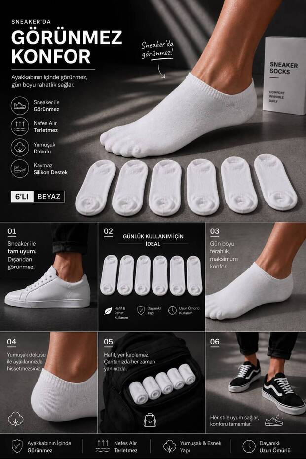 Men's 6-Pack White Invisible Sneaker Socks