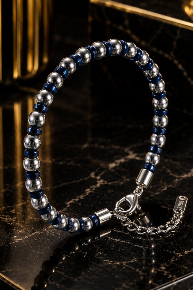 Men's Silver and Blue Color Hematite Stone Bracelet with Steel Chain Stylish Modern Design Bracelet