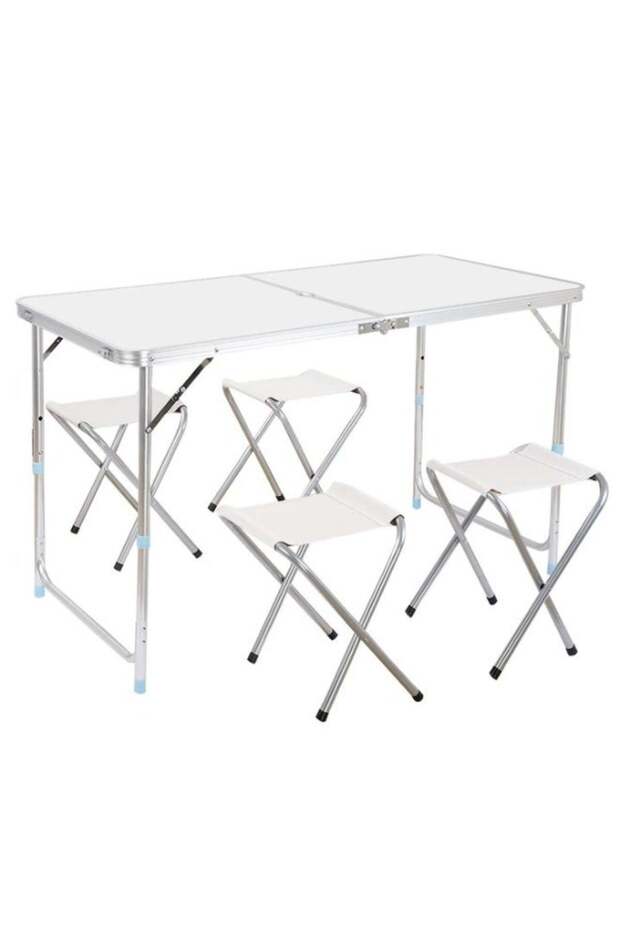 Portable Folding Camping Table Set with 4 Foldable Stools, Lightweight Aluminum Frame, Adjustable Height Design