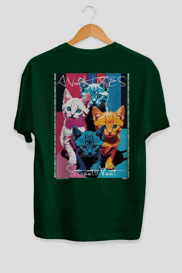 For the Love of Cats 15 Cats Printed Green Oversize T-Shirt 100% Cotton Unisex Cat Lover Premium Design