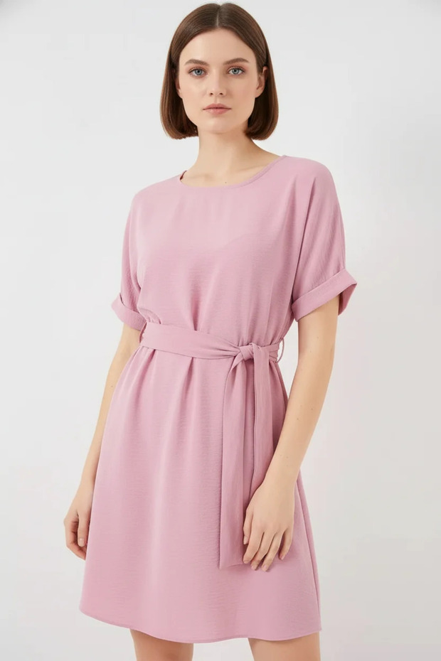 Women's Belted Short Sleeve Powder Dress