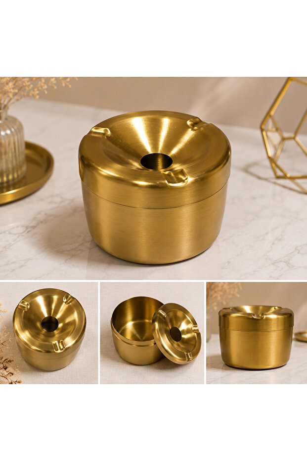 Gold Stainless Steel Ashtray with Lid Luxury Desktop Metal Ashtray Gold