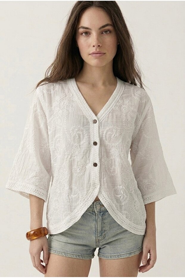 Bohemian Cotton V-Neck Bat Sleeve Embroidered Shirt