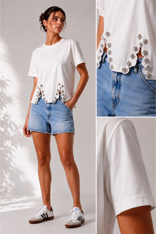 Kadın Papatya Taş İşlemeli Basic T-shirt