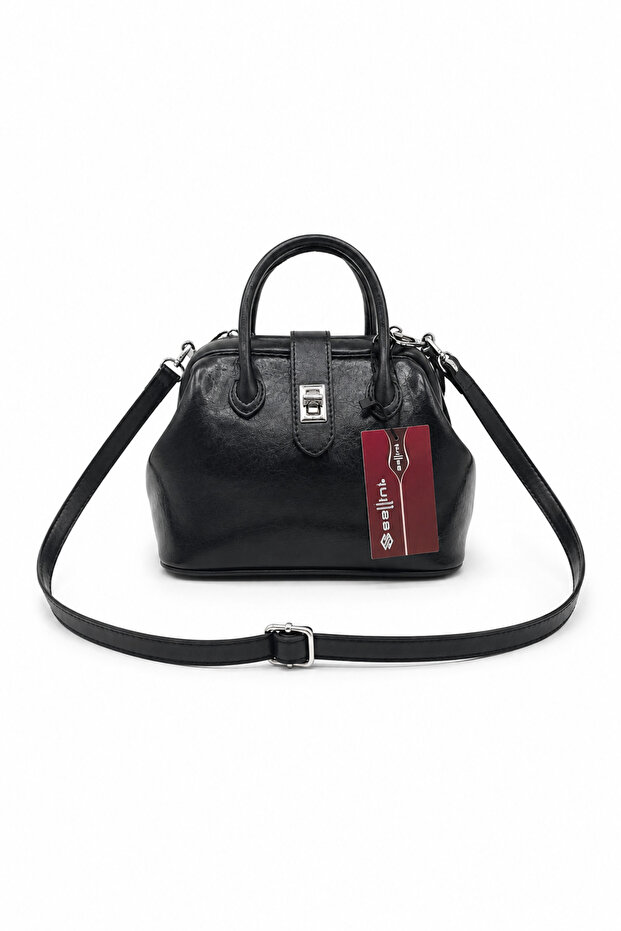 Scholarship Lock Detailed Black Mini Hand and Shoulder Bag