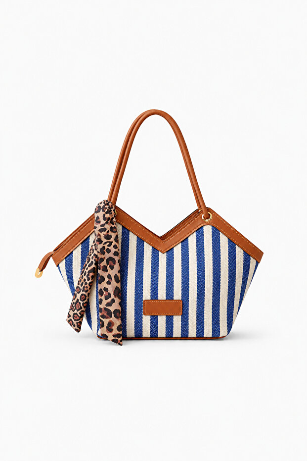 Women's Blue Striped Scarf Detailed Textile Shoulder Bag