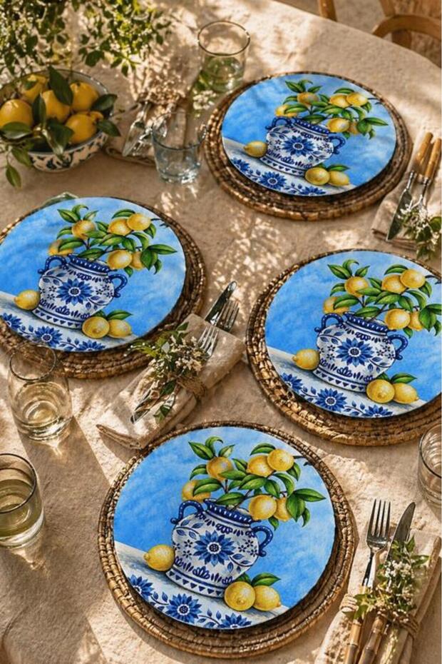 Lemon Figurine Motif 4-Piece Plate Set – Sicily Themed – 30 Cm, 3 mm Mdf, Uv Printing, Table Presentation