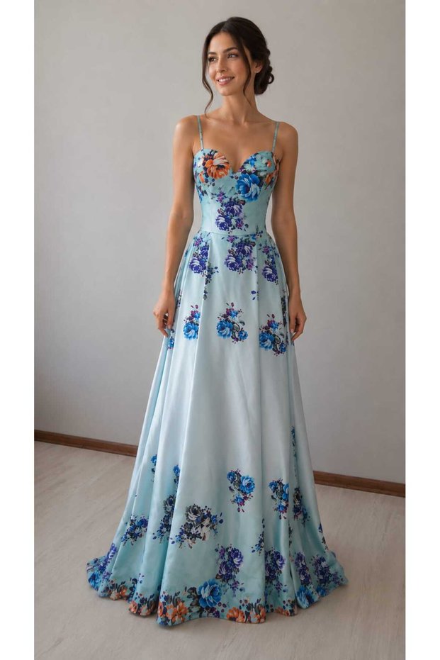 Floral Patterned Long Evening Dress Engagement Dress