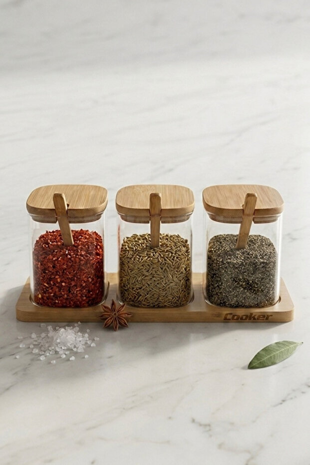 3-Piece Borosilicate Glass Spice Rack Set with Bamboo Stand Ckr4567
