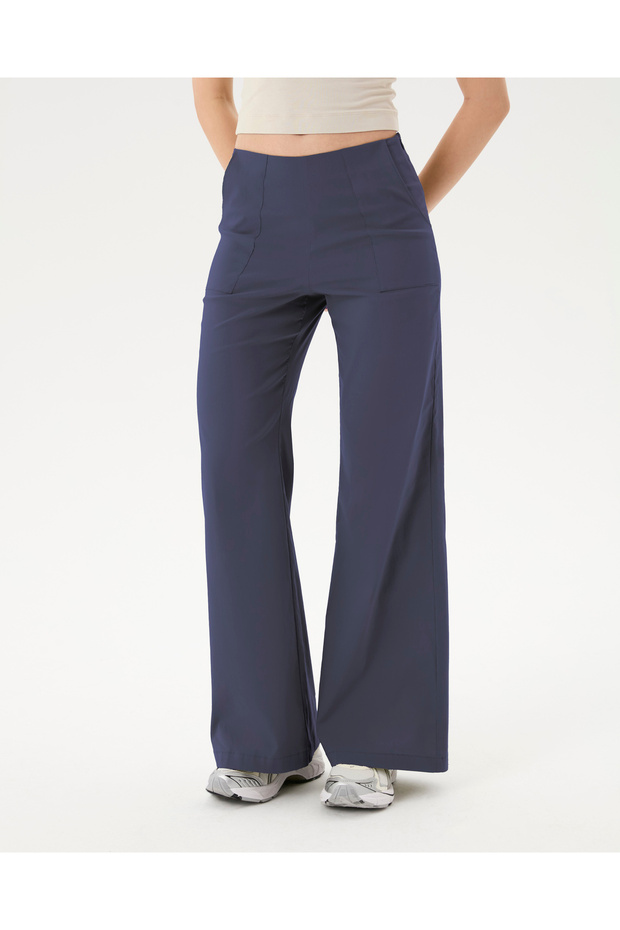 Women's Navy Blue Flare Pants, Regular Waist, Wide Legs, Slim Fit Trousers