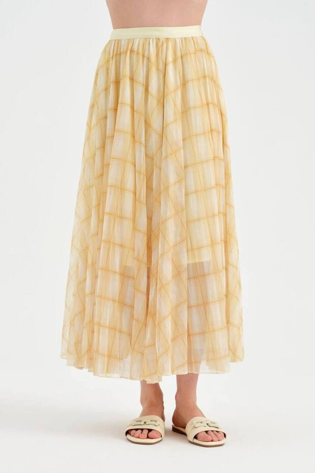 Women's Plaid Fabric Long Skirt with Elastic Waist and Lined Design