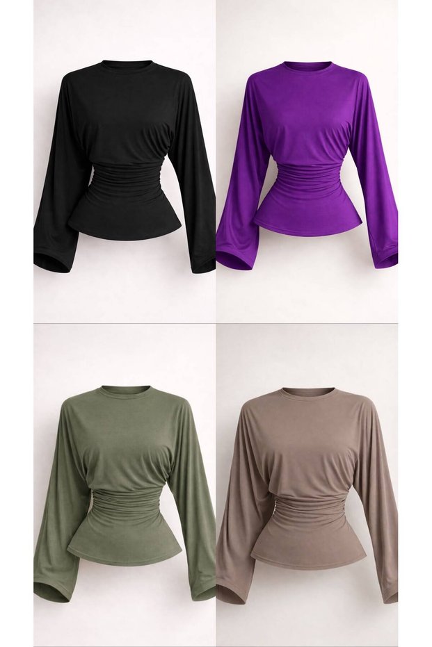 Women's Bat Sleeve Blouse Suitable for Hijab, Summer Basic Lycra Viscose 4-Piece (Black, Purple, Khaki, Mink) Blouse