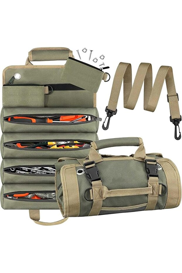 Roll Up Tool Bag Organizer, Heavy Duty Portable Foldable Tool Storage with Pouches, Compact Rollup Toolbag