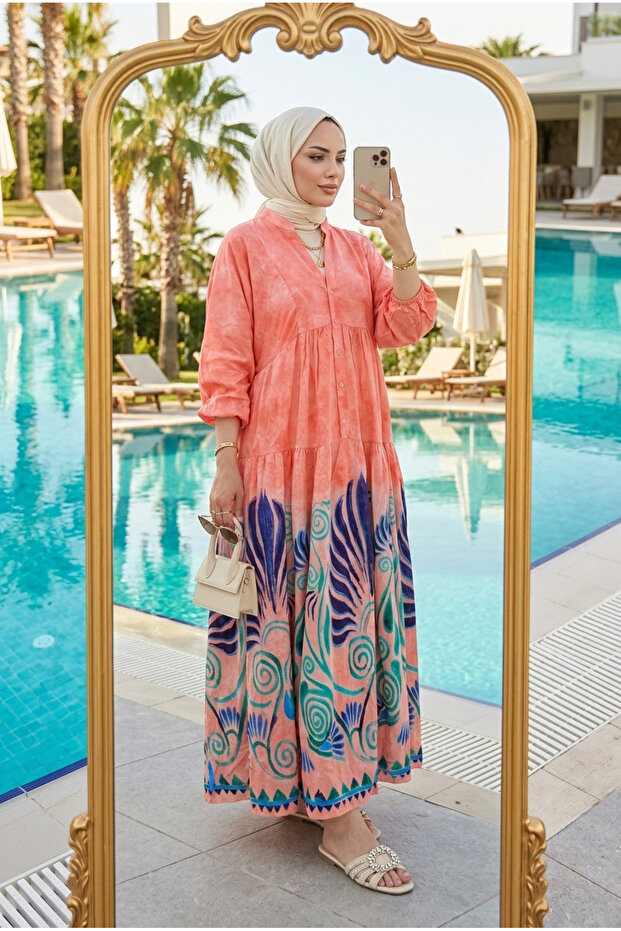 Women's Bohemian Patterned Layered Long Sleeve Hijab Dress