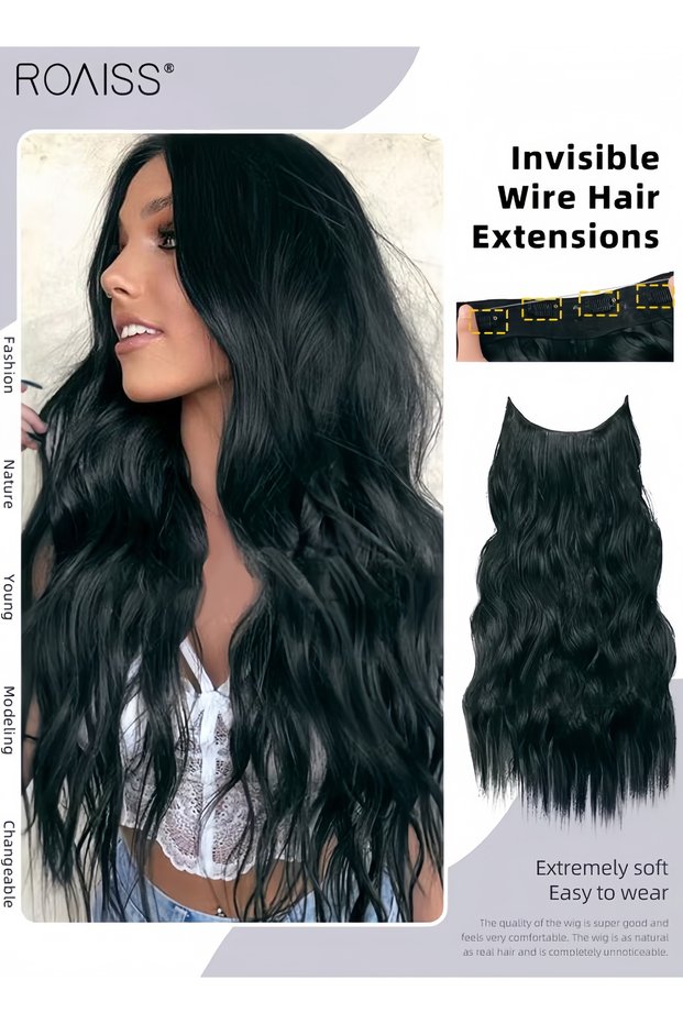 Invisible Wire Hair Extension Long Wavy Hairpiece with Transparent Headband Adjustable Size and 4 Secure Clips for Women (50cm,Black)