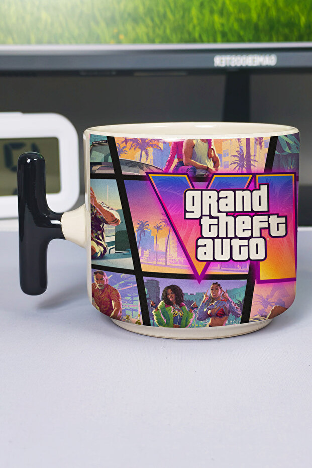 كوب سيراميك فاخر مطبوع عليه GTA 6 (قطعة واحدة) على شكل حرف T بمقبض أسود خاص V4T