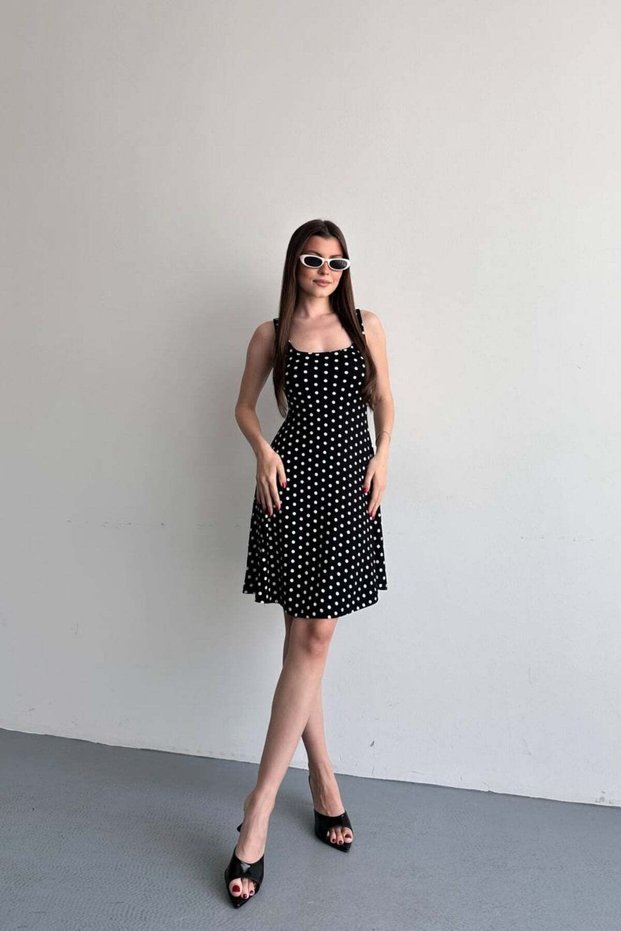 1000 Women's Cotton U-Neck Polka Dot Sleeveless A-Line Summer Dress Black