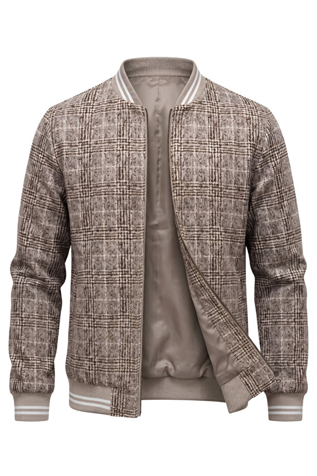 Double-Sided Men's Seasonal Coat with Plaid Detail in Beige