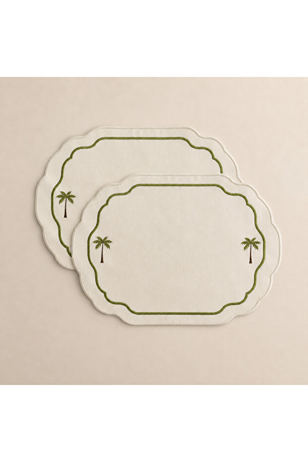 2 Pieces Palm Tree Embroidered Premium Duck Fabric Placemat (45X30 cm) - with Liquid Repellent Feature