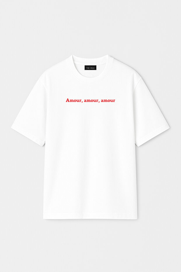 Unisex Amour Printed Oversize 100% Cotton Wide Cut Textured Crew Neck White T-Shirt Rf0683