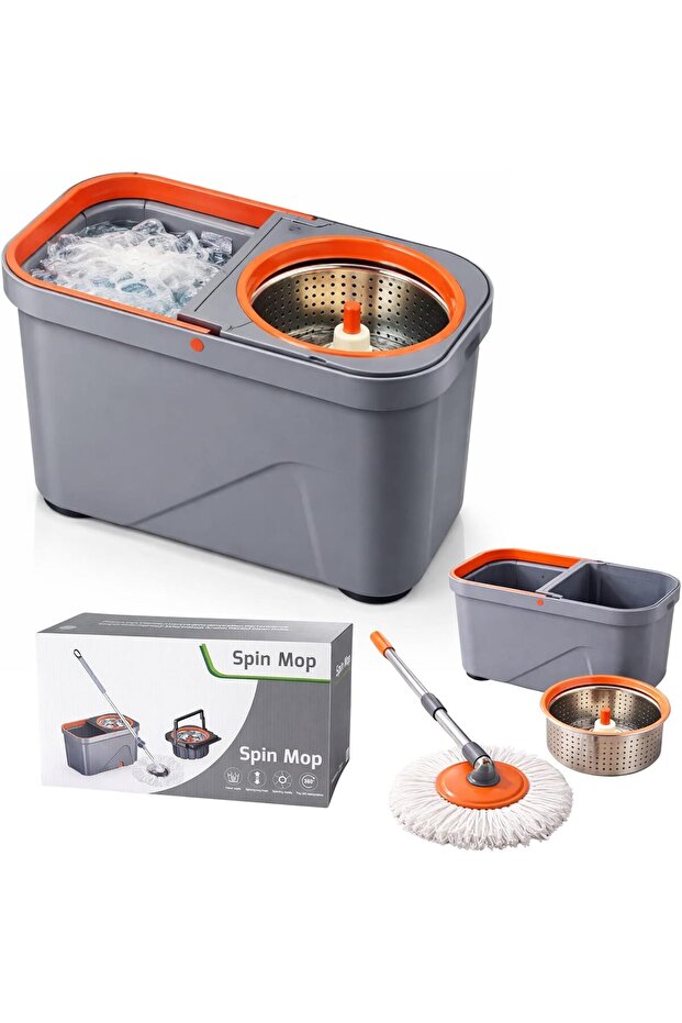 Spin Mop & Bucket Set System with Wheels, Hands-Free Wringer, Stainless Steel Handle, Microfiber Mop Heads