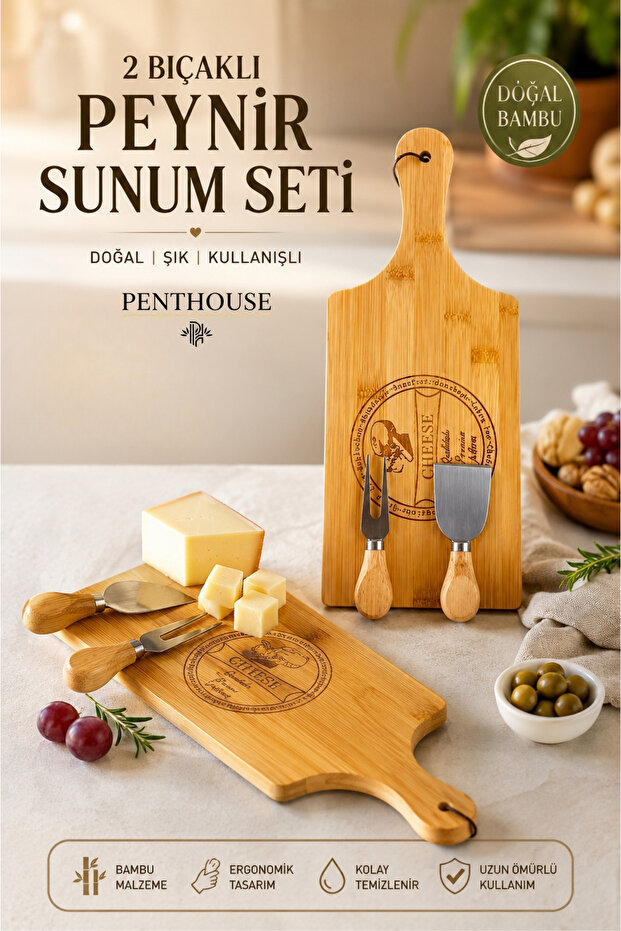 2-Blade Bamboo Cheese Presentation Board 40X15.5 cm Cheese Cutting and Serving Set Natural Wood Presentation Board
