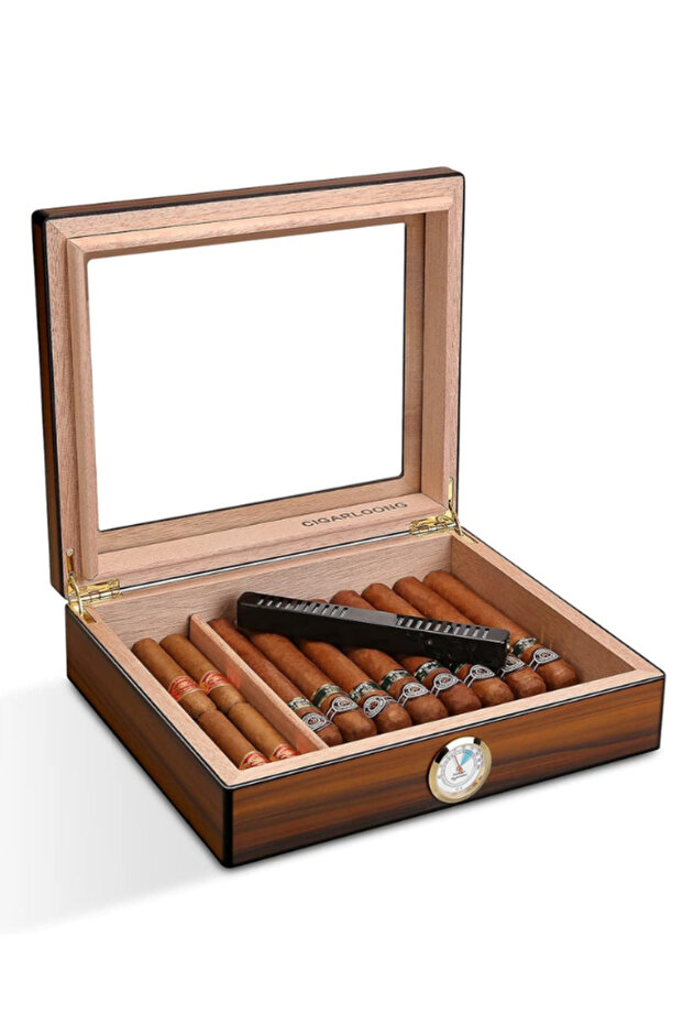 CIGARLOONG Retro Glass Top Humidor: Elegant Desktop Cigar Box with Humidifier & Hygrometer