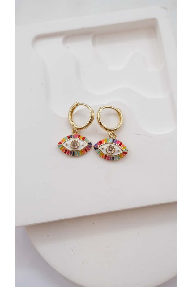 Gold Enamel Eye Figure Dangle Earrings