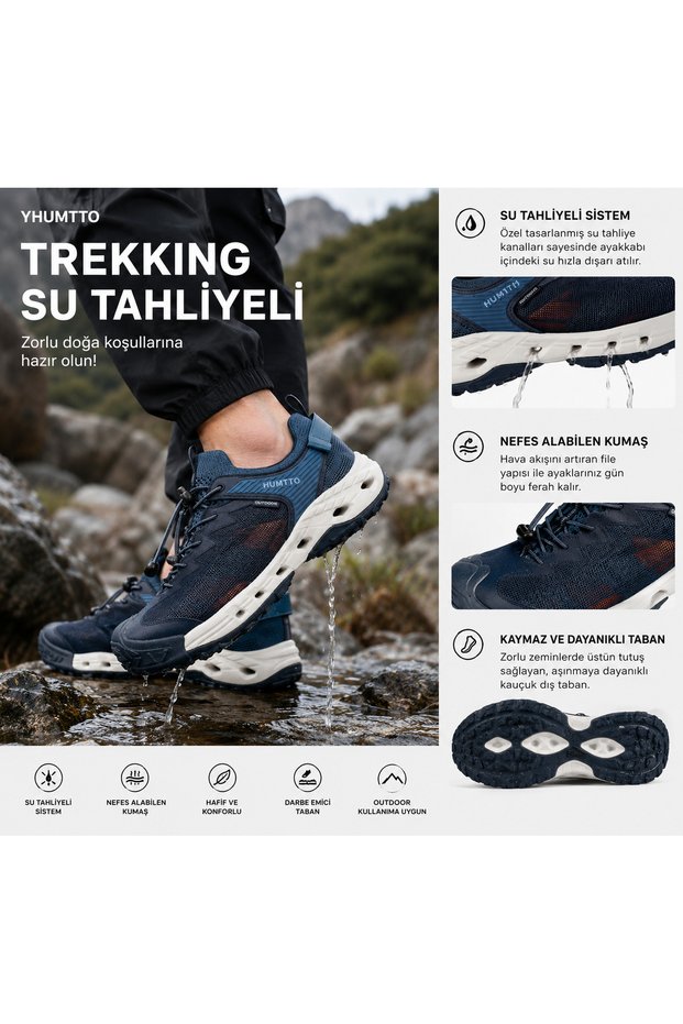 Men's Outdoor Trekking Shoes Water-Draining Breathable Non-Slip Sole Lightweight Nature Hiking Shoes Navy Blue