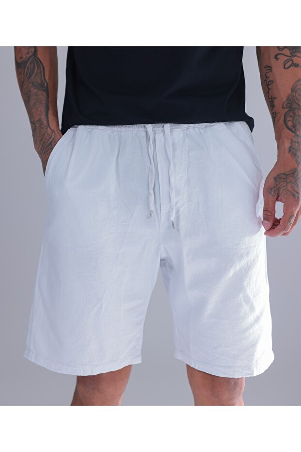Men's White Linen Shorts – Oversized Comfortable Summer Casual Shorts with Elastic Waist and Laces