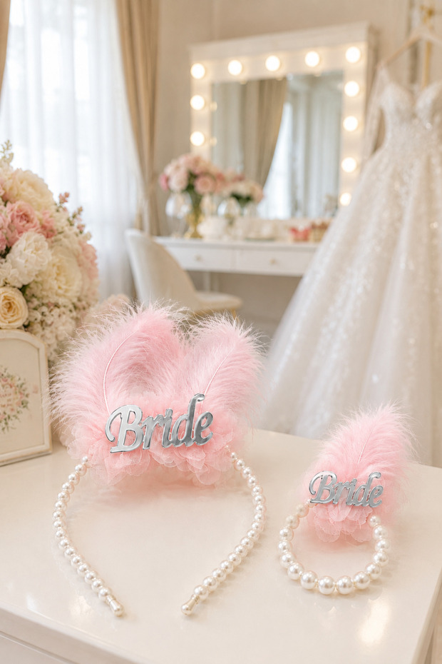 Pink Feathered Silver Bride Crown and Bracelet Set with Pearls, Bridal and Bachelorette Party Accessory