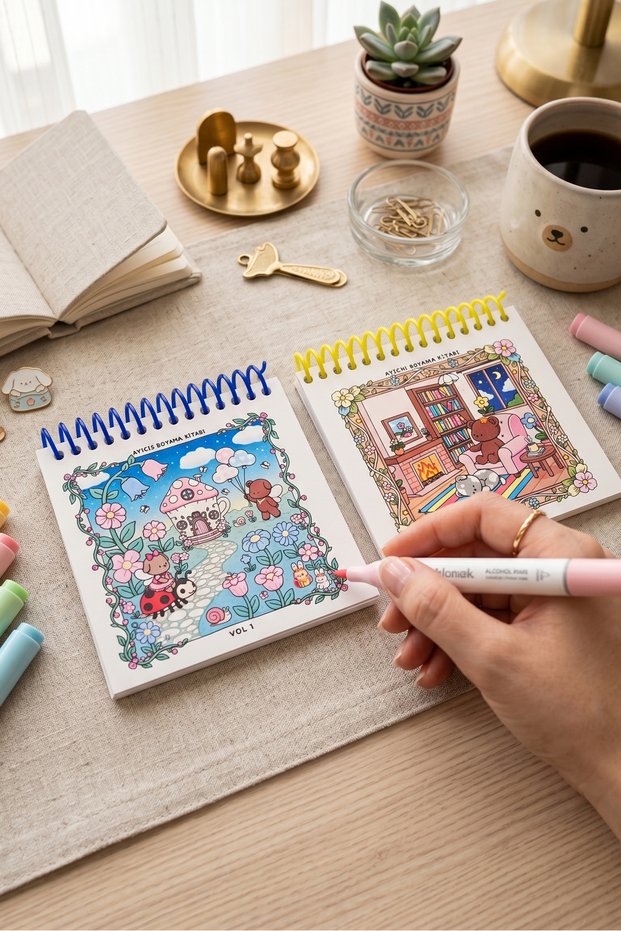 Teddy Bear Vol1 & Vol2 - 10X10 cm Mini Coloring Book, 2 Pieces, for Children and Adults