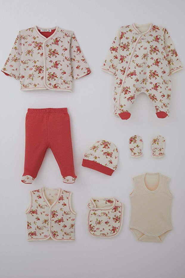 Baby Girl Hospital Release Pack of 8 Spring Breeze Rose Patterned 0-3 Months, Cream