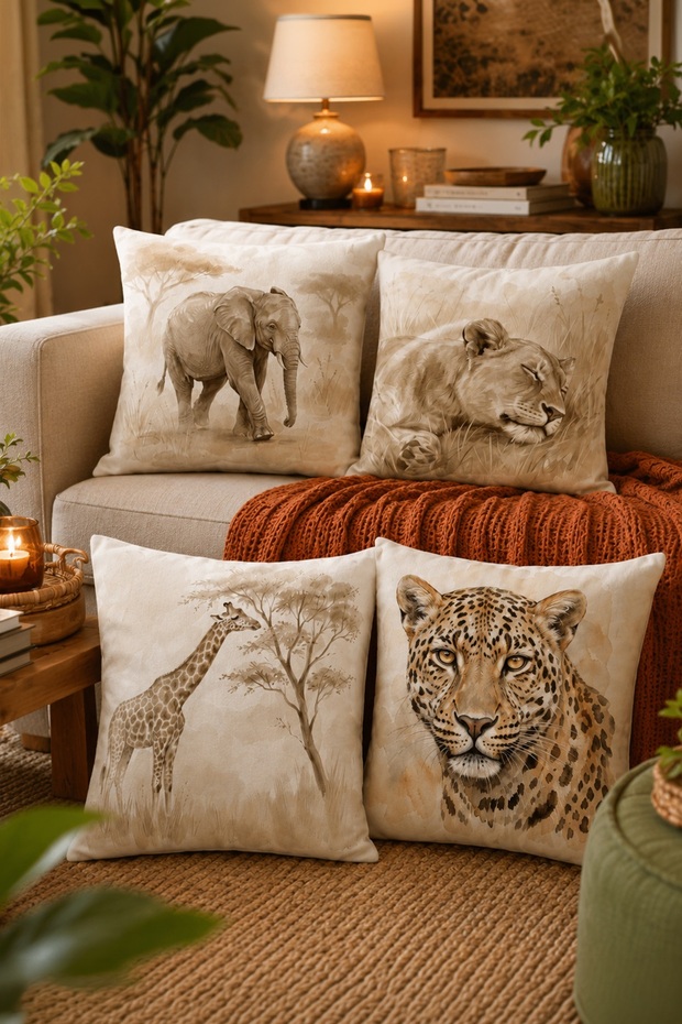 Bohemian Forest Animals Patterned Set of 4 Throw Pillow Covers
