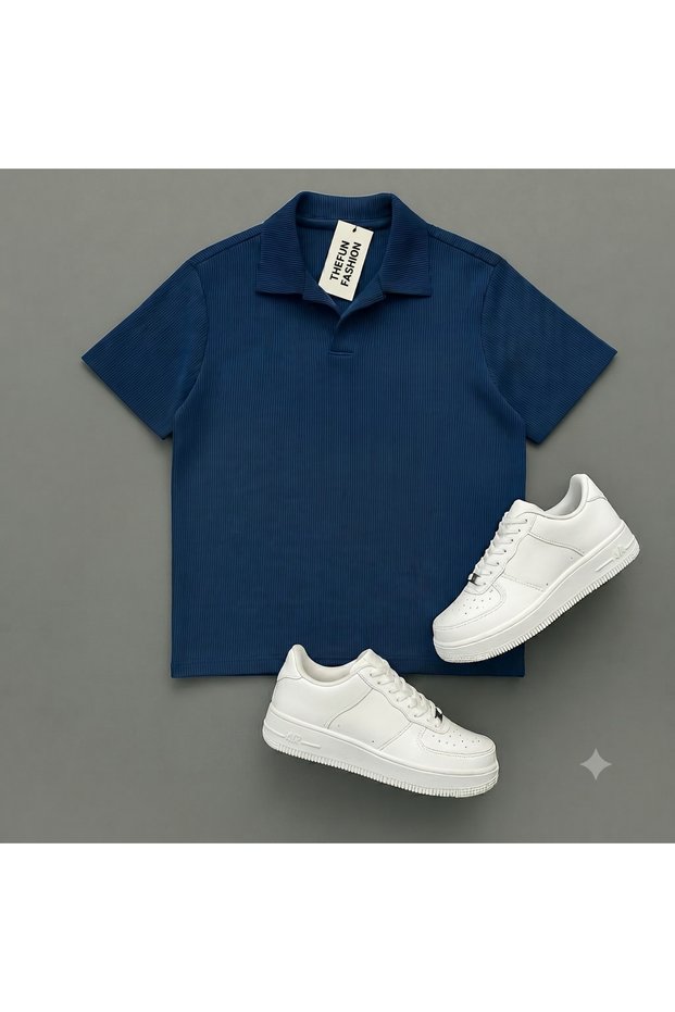 Men's Blue Ribbed Ottoman Breathable Polo Collar T-Shirt