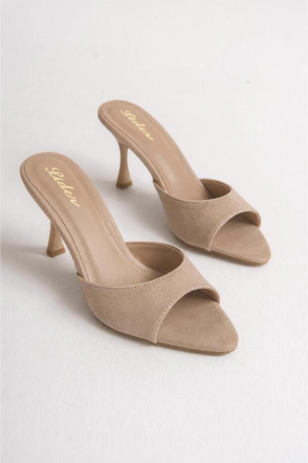 Women's Beige Suede Pointed Toe Heeled Slippers