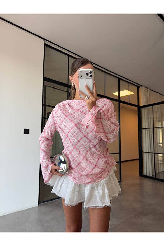 Kayik Collar Plaid Blazer Pink