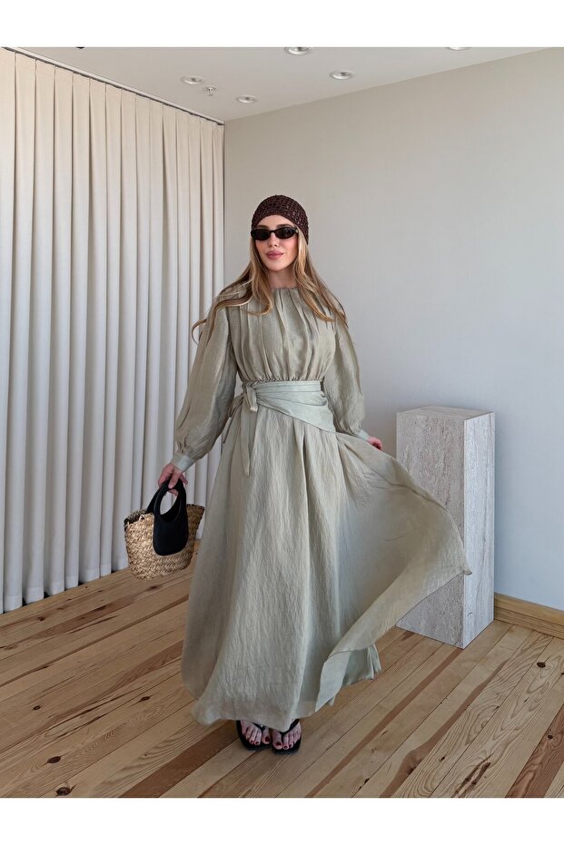 Khaki Elastic Waistband Long Dress - 7051