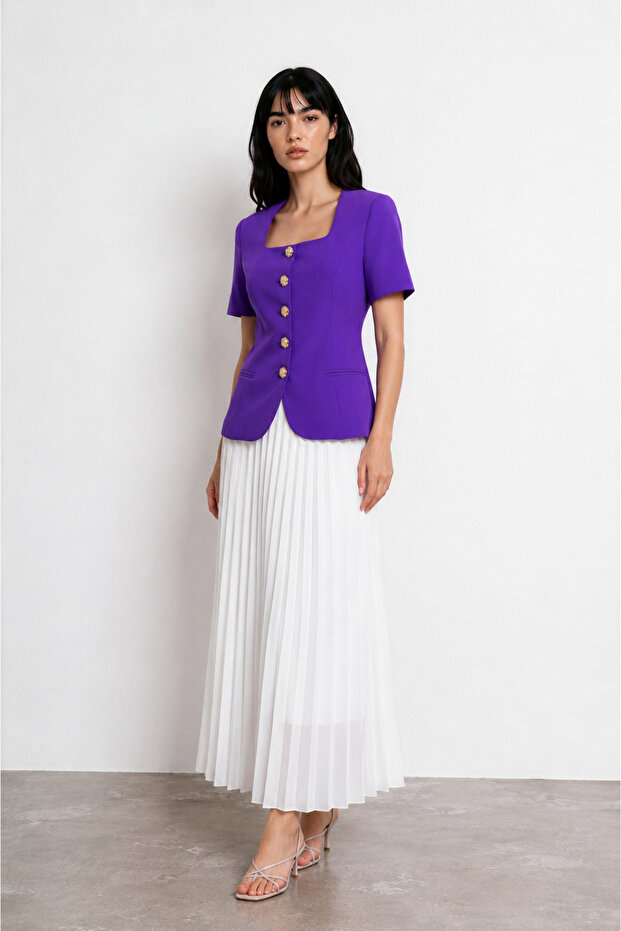 Lorin Short Sleeve Jacket & Pleated Skirt Set Purple