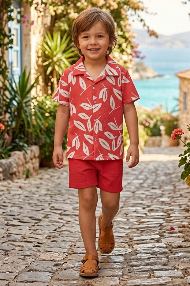 Boy's Leaf Patterned Shorts Set – Wrinkled Fabric 3-9 Years I Holiday Combination I Comfortable Fit I Boy's Set