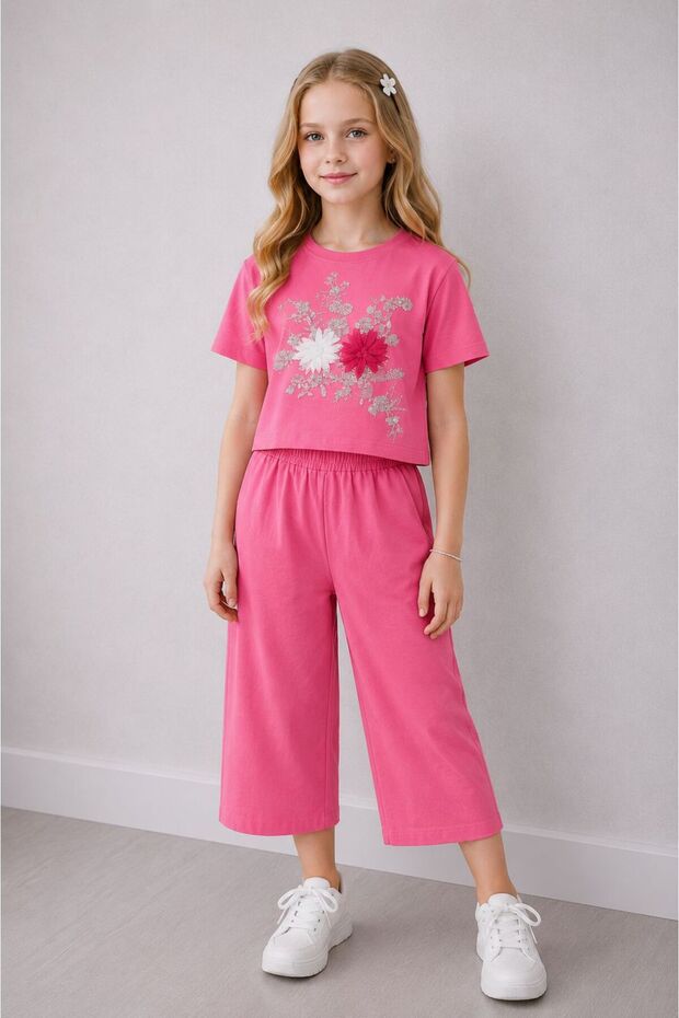 Girl's Floral Embroidered T-Shirt Wide-Leg Pants Two-Piece Set