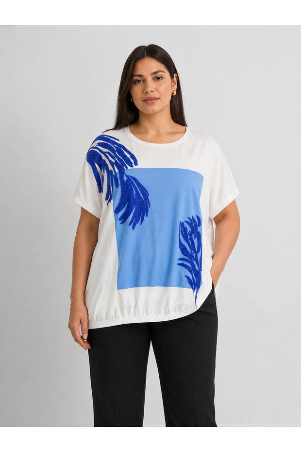 Stone Detailed Large Size T-Shirt Ecru