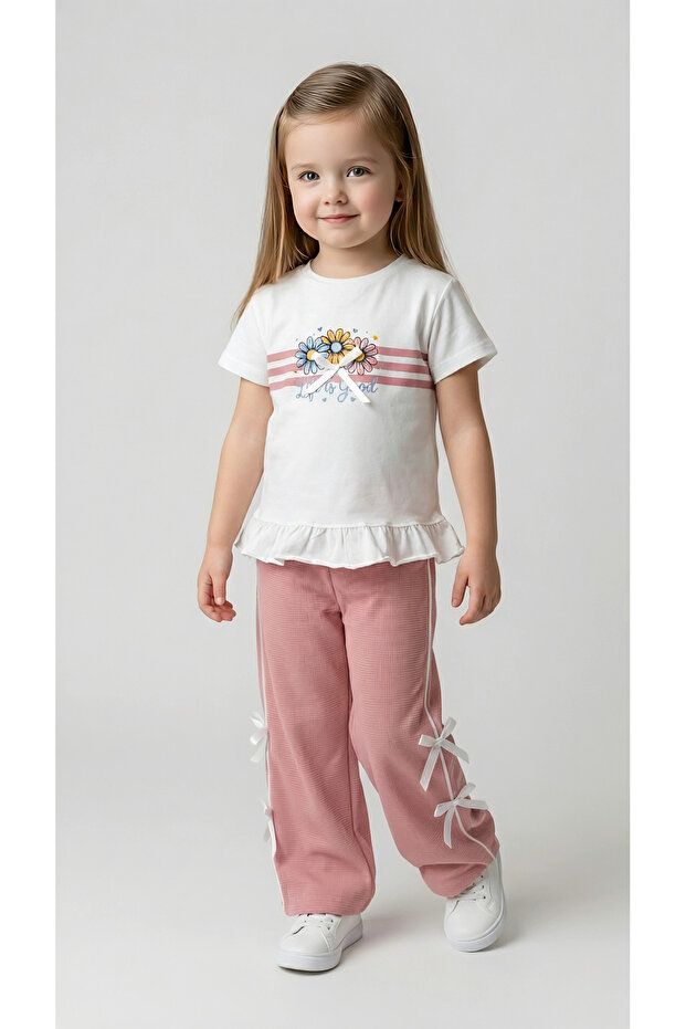 Daisy Printed Ruffle T-Shirt and Waffle Fabric Side Bow Pants Girls' Set 2-6 Years
