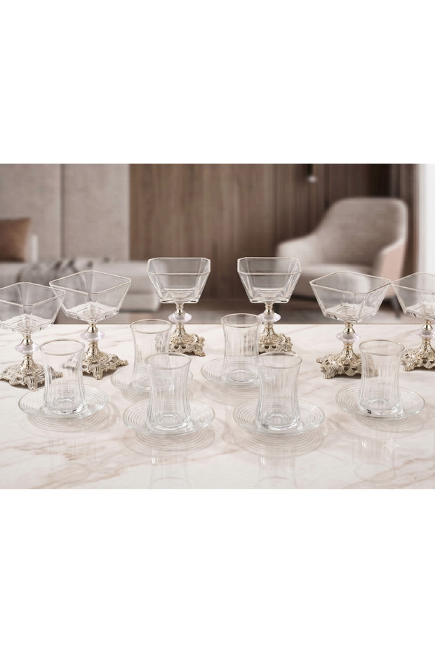 Silver Detailed 18-Piece Luxury Glass Presentation and Serving Set 6 Bowls 12-Piece Tea Cup Set
