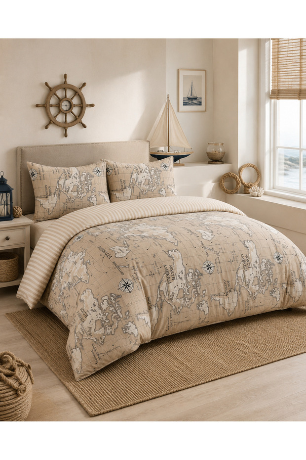 Map Patterned Double 200 X 240 Duvet Cover Set with Elastic Sheets