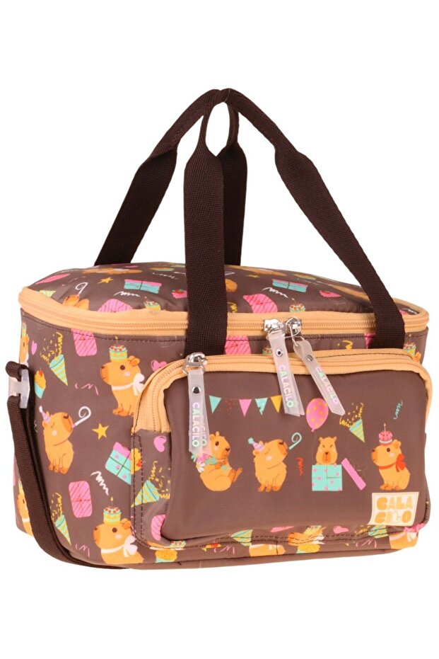 Two-Compartment Thermo School Lunch Bag - Party Printed Brown Color (Boy) - C4069