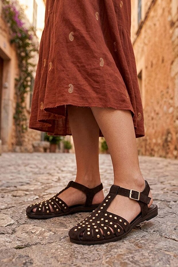 26By226.M889 Women's Genuine Leather Flat Sandals Brown