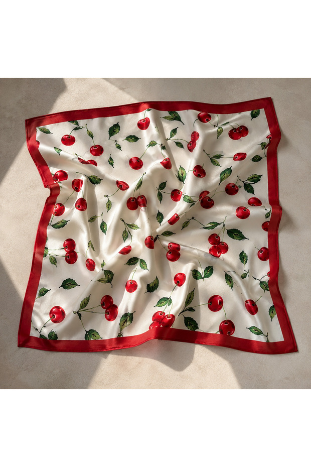 Cherry Patterned 100% Cotton 55X55 cm Square Scarf Bandana – Hair, Neck, and Bag Accessory